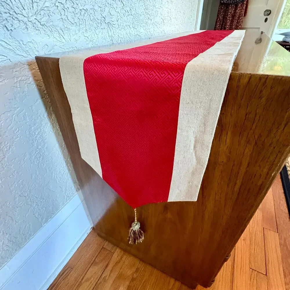 Reversible Asian Brocade Table Runner Red Tan Shou Tassels